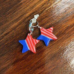 Red, Blue and Silver Star Stainless Steel Petite Half Hoop Earrings